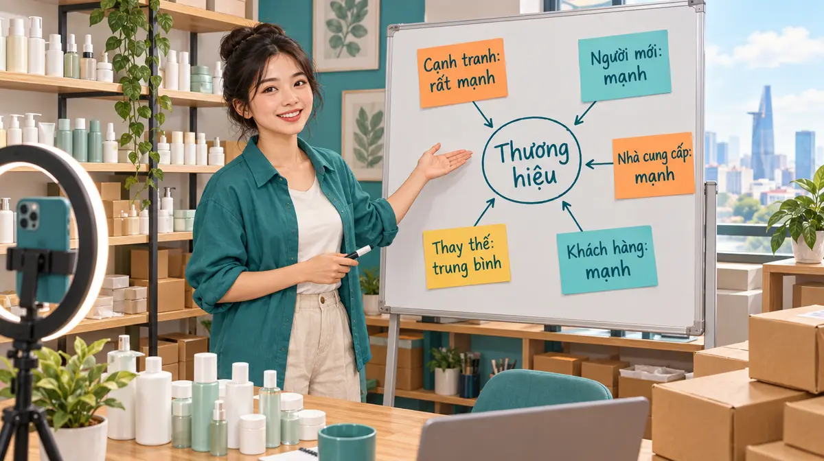 Nữ chủ thương hiệu mỹ phẩm trong văn phòng nhỏ có kệ chai lọ, thùng hàng và điện thoại gắn đèn livestream, chỉ vào bảng trắng: vòng tròn Thương hiệu ở giữa, năm giấy dán quanh ghi Cạnh tranh rất mạnh, Người mới mạnh, Nhà cung cấp mạnh, Khách hàng mạnh, Thay thế trung bình