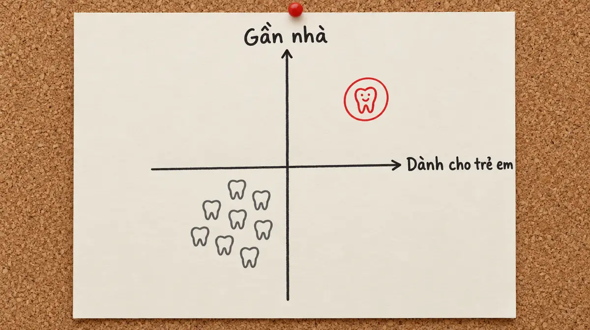 Bản đồ định vị vẽ tay ghim trên bảng bần: trục ngang Dành cho trẻ em, trục dọc Gần nhà; tám biểu tượng răng màu xám tụm ở góc dưới bên trái, một biểu tượng răng màu đỏ đứng riêng ở góc trên bên phải, được khoanh tròn