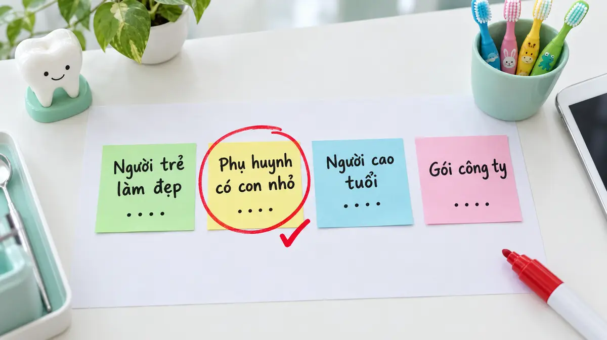 Bàn tiếp tân phòng khám nha khoa nhìn từ trên xuống: bốn giấy dán ghi Người trẻ làm đẹp, Phụ huynh có con nhỏ, Người cao tuổi, Gói công ty; giấy Phụ huynh có con nhỏ được khoanh bút đỏ và đánh dấu tích, bên cạnh là mô hình răng và bàn chải trẻ em