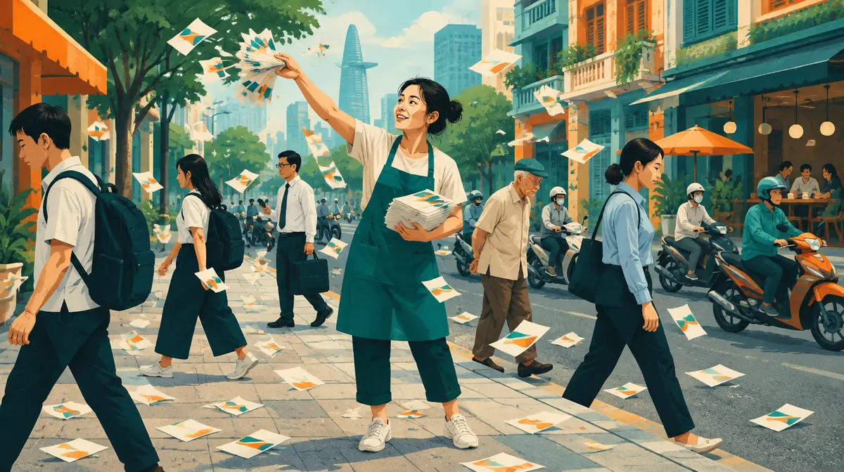 Người phụ nữ đeo tạp dề đứng trên vỉa hè TP. Hồ Chí Minh tung một xấp tờ rơi giống hệt nhau lên không; sinh viên, nhân viên văn phòng, một ông cụ và người đi xe máy đi ngang không ai nhìn, tờ rơi rơi đầy mặt đường