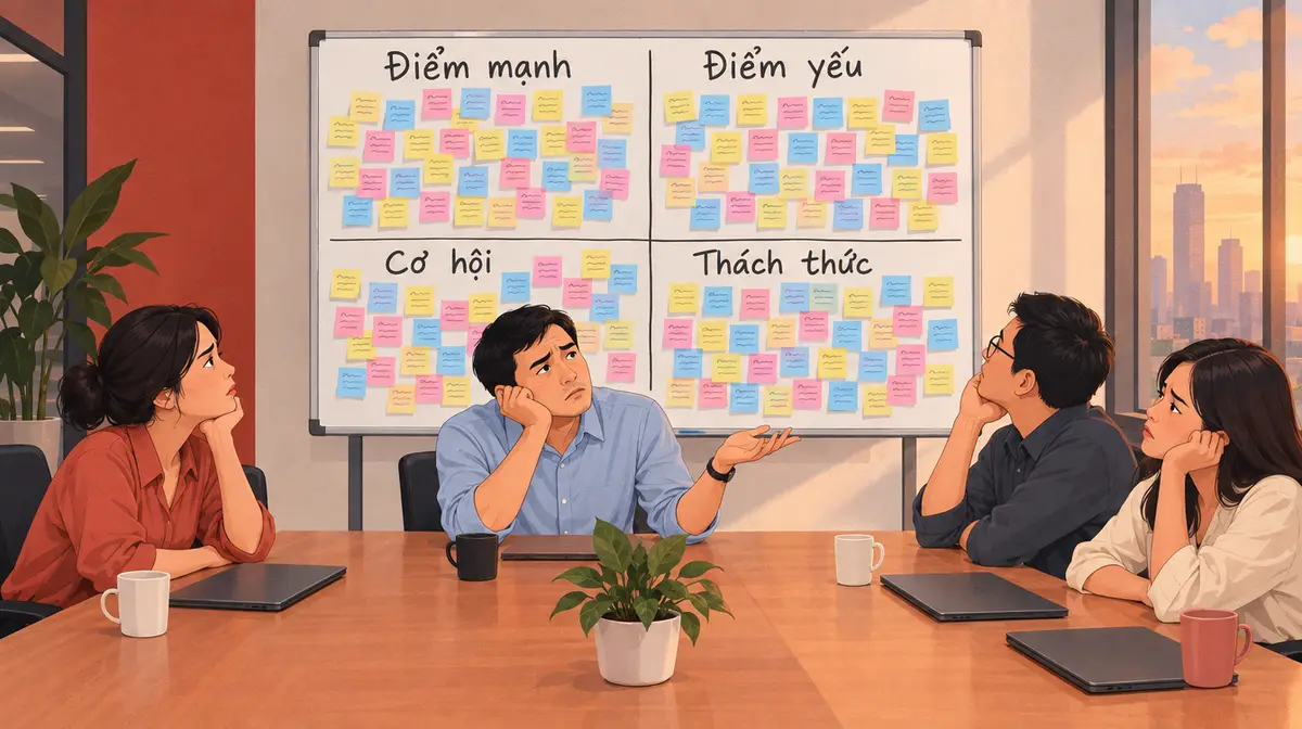 Bốn người Việt ngồi quanh bàn họp, chống cằm nhìn lên bảng trắng chia bốn ô Điểm mạnh, Điểm yếu, Cơ hội, Thách thức dán kín giấy ghi chú nhiều màu; người ngồi giữa nhún vai, máy tính trên bàn đều gập lại