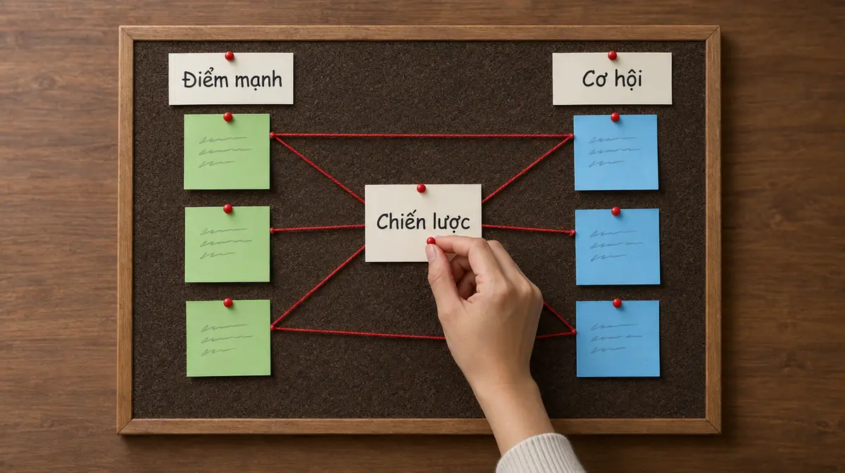 Bảng ghim nhìn từ trên xuống: cột giấy xanh lá dưới thẻ Điểm mạnh bên trái, cột giấy xanh dương dưới thẻ Cơ hội bên phải, các sợi dây đỏ nối hai cột; một bàn tay ghim thẻ Chiến lược vào giữa, chỗ các sợi dây gặp nhau