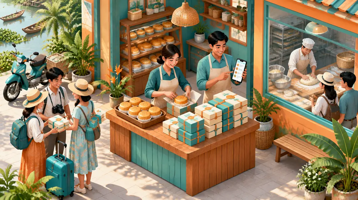 Tiệm bánh gia đình miền Tây vẽ theo lối isometric: người bán đóng bánh vào hộp quà màu xanh ngọc và cam, người bên cạnh cầm điện thoại xem đơn đặt hàng, nhóm khách du lịch kéo vali nhận hộp quà, bên phải khách đứng xem thợ nhồi bột sau cửa kính