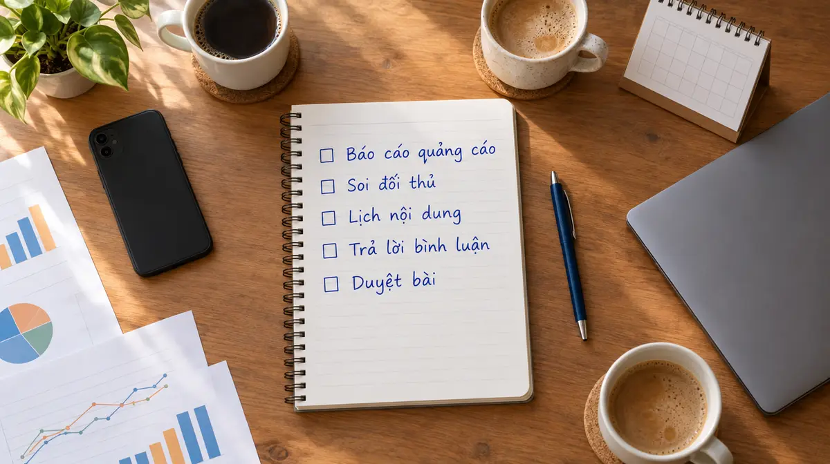 Ảnh chụp từ trên xuống một bàn làm việc buổi sáng: cuốn sổ lò xo mở ở giữa ghi năm việc có ô đánh dấu trống gồm Báo cáo quảng cáo, Soi đối thủ, Lịch nội dung, Trả lời bình luận, Duyệt bài; xung quanh là ba tách cà phê, điện thoại, máy tính xách tay gập và các tờ biểu đồ
