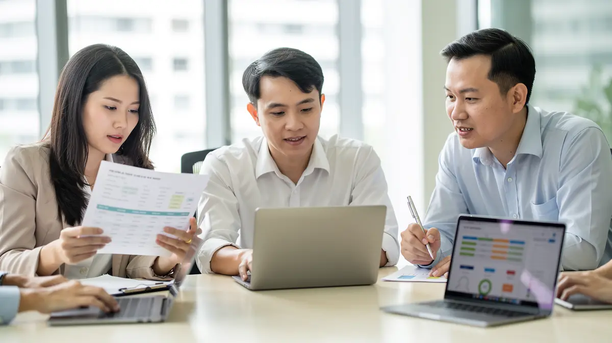 Ba nhân viên bán hàng người Việt ngồi quanh bàn họp trong văn phòng sáng: người phụ nữ bên trái cầm tờ bảng dữ liệu mẫu, người đàn ông ở giữa thao tác trên laptop, người bên phải cầm bút chuẩn bị ghi điểm, trước mặt là laptop hiển thị bảng và biểu đồ