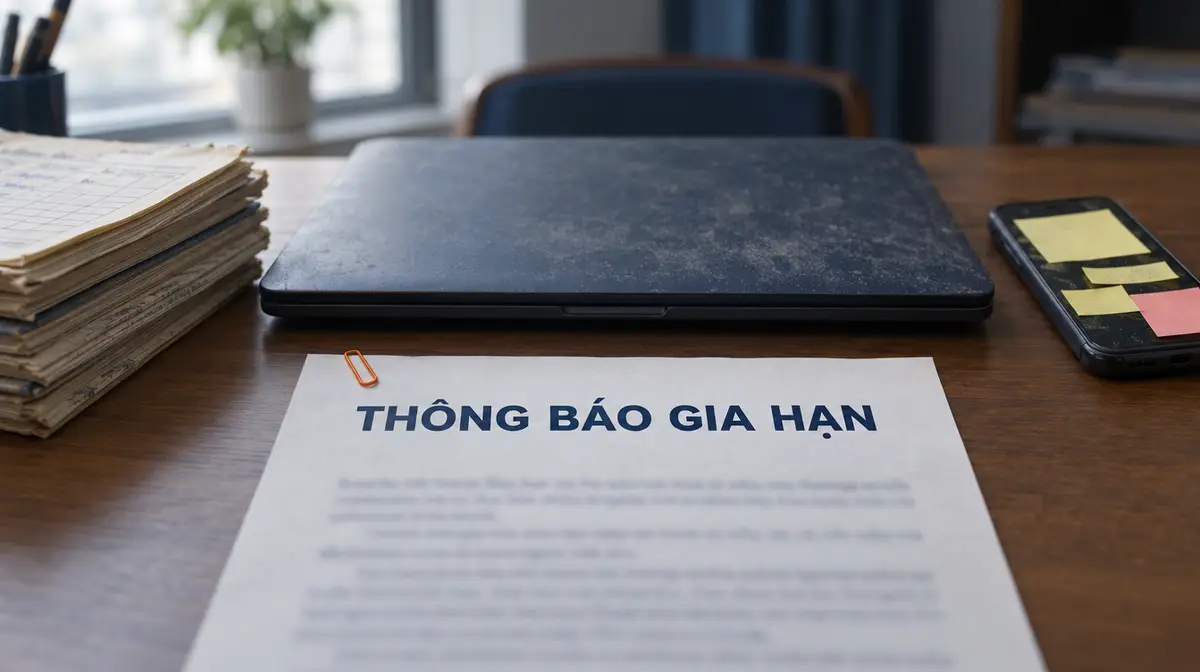 Tờ thông báo gia hạn đặt trên bàn gỗ, phía sau là chiếc laptop gập kín phủ bụi, bên trái là chồng sổ ghi đơn cũ, bên phải là điện thoại dán đầy giấy ghi chú