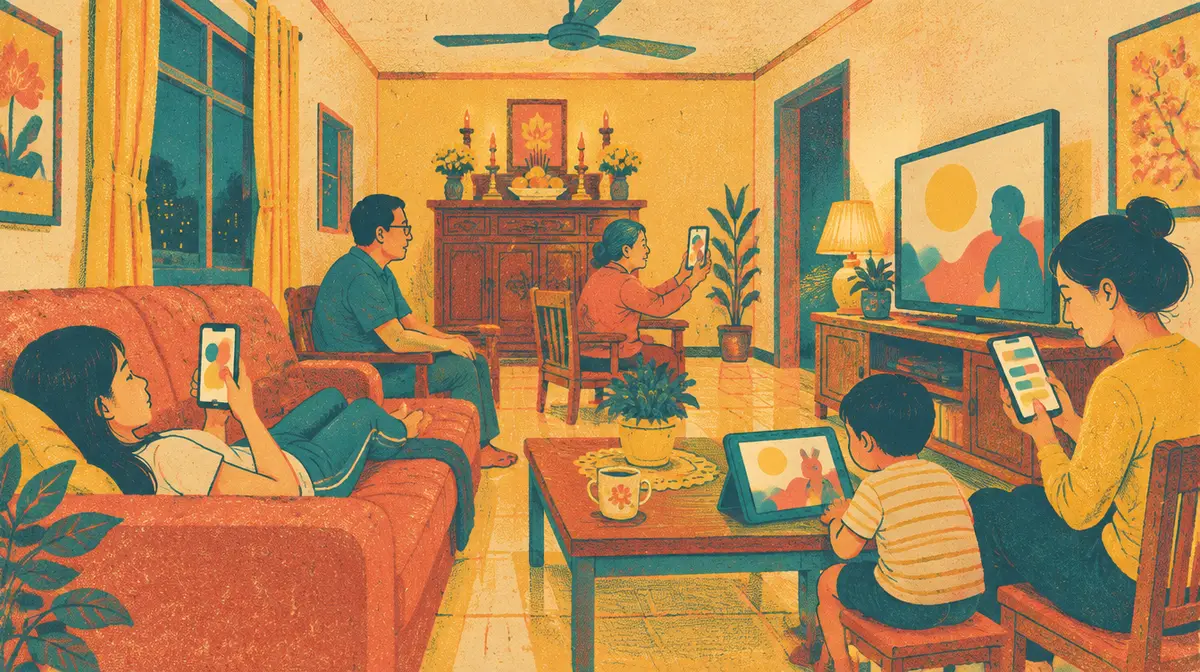 Tranh in risograph tông đỏ san hô, xanh ngọc và vàng: phòng khách một gia đình Việt buổi tối, cô con gái nằm sofa lướt điện thoại, người cha ngồi xem tivi, bà cụ giơ điện thoại gọi video trước bàn thờ, người mẹ nhắn tin, em bé xem máy tính bảng trên bàn