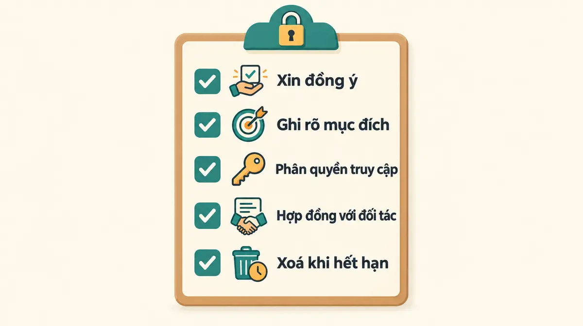 Minh hoạ bảng kẹp giấy có năm dòng đánh dấu tích màu xanh ngọc: Xin đồng ý, Ghi rõ mục đích, Phân quyền truy cập, Hợp đồng với đối tác, Xoá khi hết hạn; trên kẹp giấy có một ổ khoá nhỏ