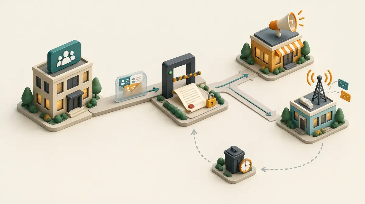 Minh hoạ isometric: từ một toà văn phòng, một phong bì trong suốt chứa thẻ khách hàng đi qua cổng kiểm soát có bản hợp đồng đóng dấu và ổ khoá, tới hai toà nhà đối tác, một có loa phóng thanh, một có ăng-ten gửi tin nhắn và email; gần đó là thùng rác có đồng hồ