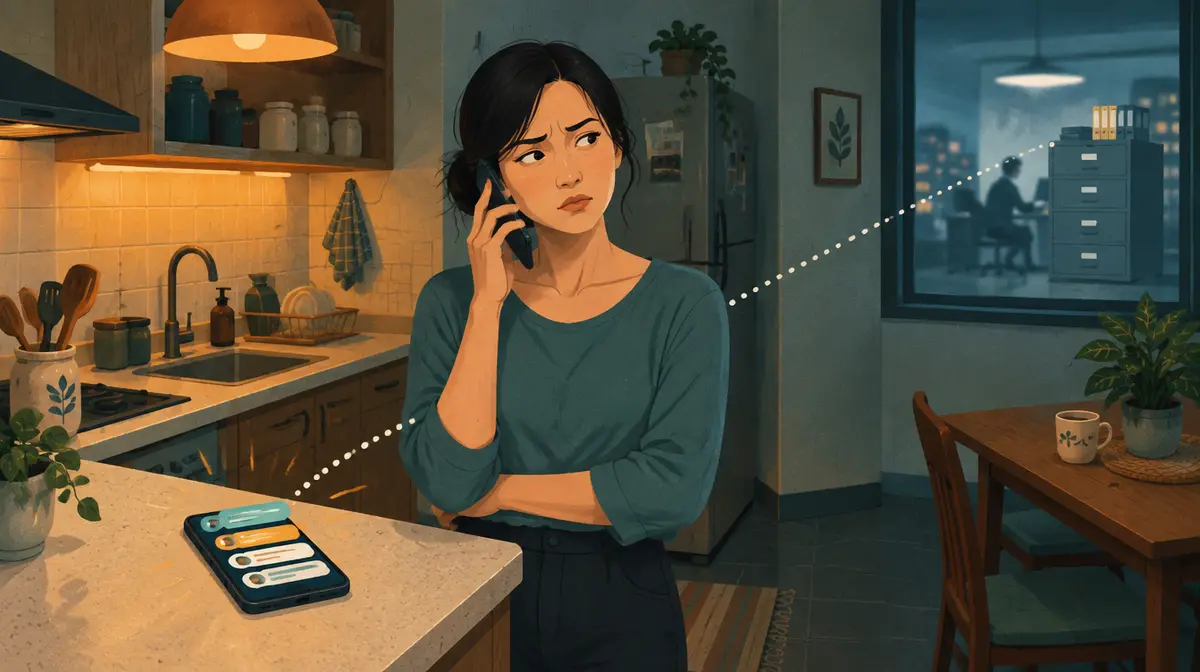Tranh minh hoạ: một phụ nữ đứng trong bếp căn hộ buổi tối, áp điện thoại lên tai với vẻ khó chịu; trên bàn bếp là chiếc điện thoại thứ hai hiện nhiều bong bóng tin nhắn, một đường chấm nối tới tủ hồ sơ trong văn phòng phía bên kia cửa sổ