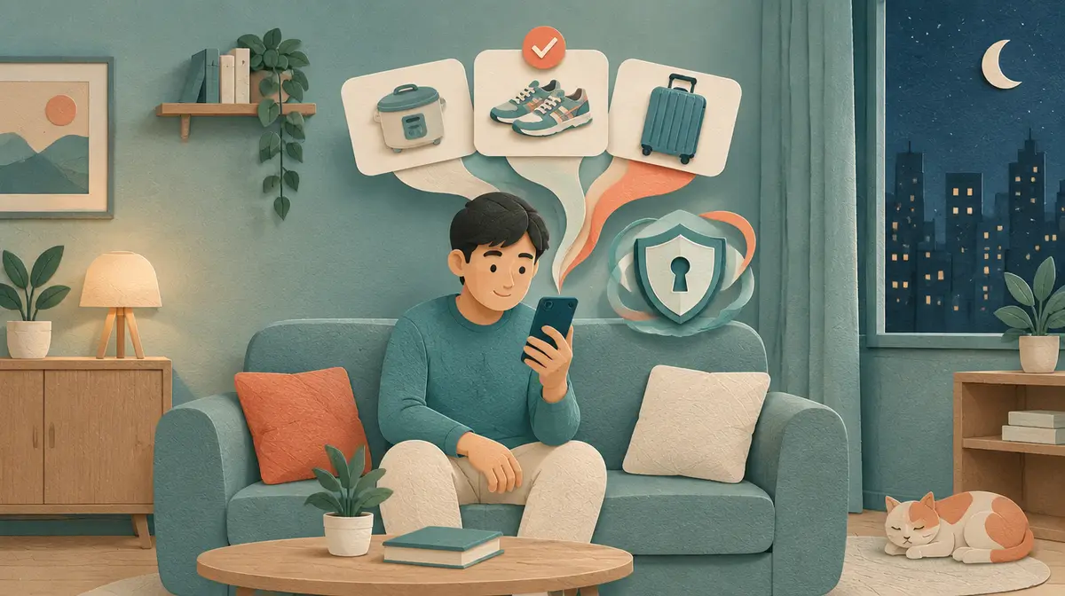 Tranh cắt giấy nhiều lớp: chàng trai người Việt ngồi trên sofa buổi tối nhìn điện thoại, từ điện thoại bung ra bong bóng hội thoại với ba thẻ sản phẩm nồi cơm điện, giày, vali được so sánh cạnh nhau, một dấu tích trên một thẻ; bên cạnh lơ lửng tấm khiên có ổ khoá