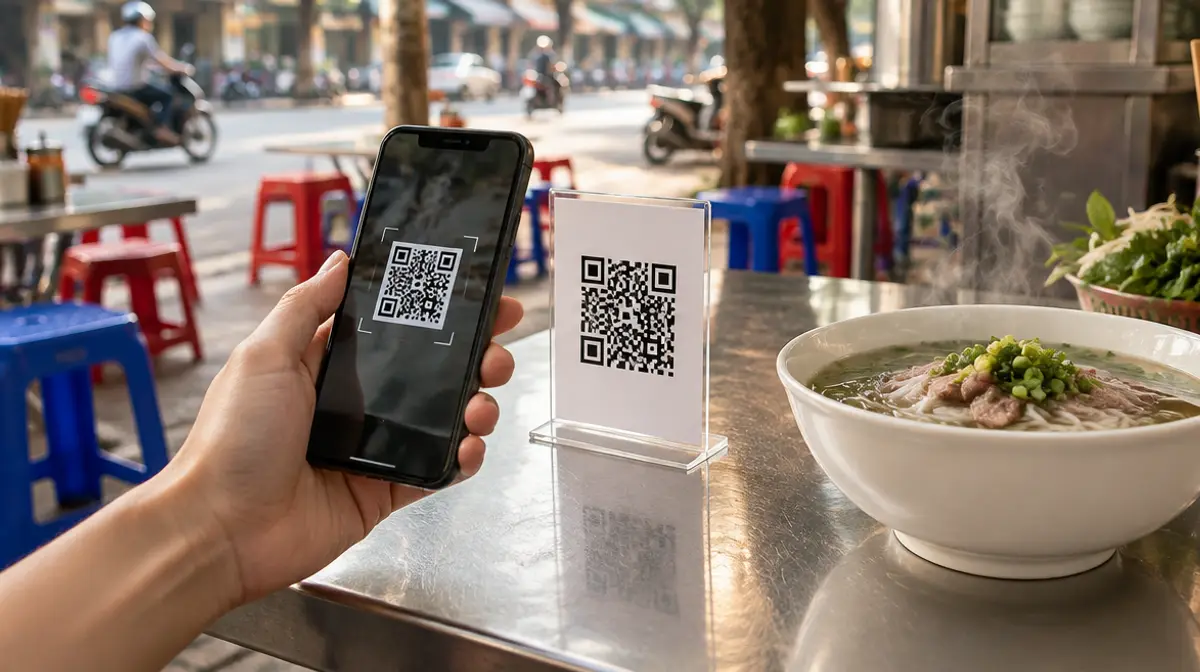 Bàn tay cầm điện thoại quét tấm mã QR trơn đặt cạnh tô phở bốc khói trên quầy inox của một quán ăn đường phố, phía sau là ghế nhựa và con đường mờ