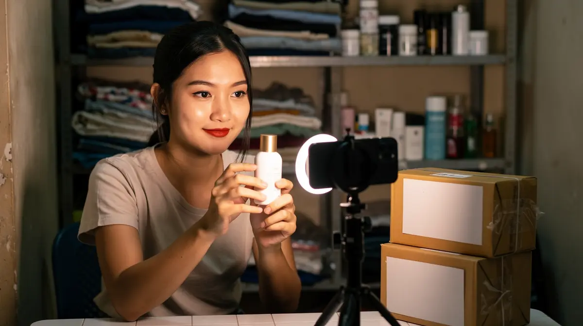 Cô gái trẻ người Việt ngồi trong một cửa hàng nhỏ tại nhà, cầm chai mỹ phẩm giới thiệu trước điện thoại gắn trên chân máy có đèn vòng; phía sau là kệ quần áo gấp và mỹ phẩm, bên phải là hai thùng carton dán nhãn trống chờ giao