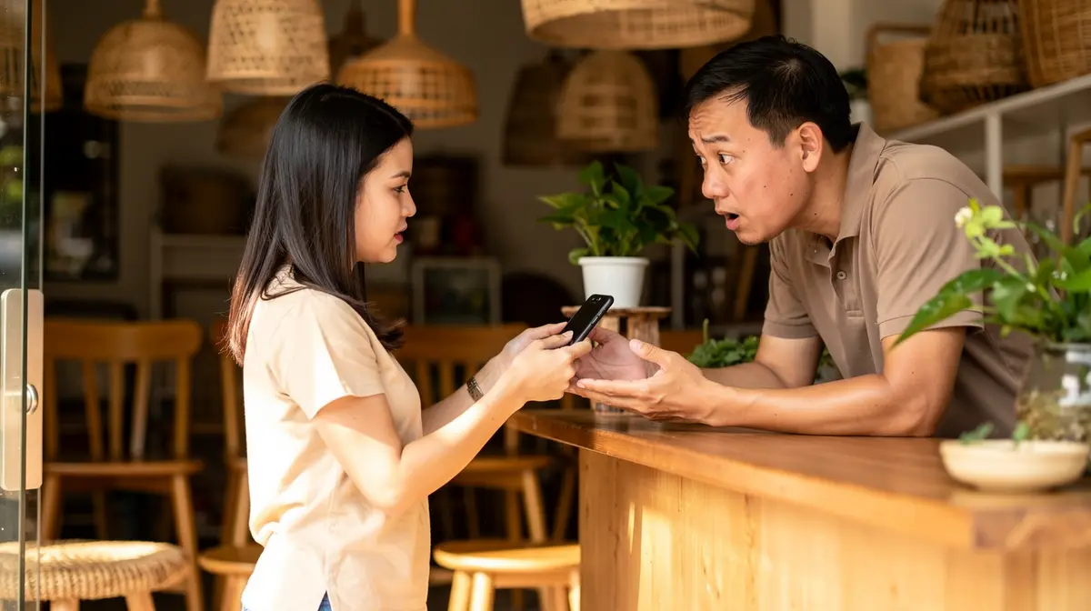 Ảnh chụp trong một cửa hàng nội thất mây tre: nữ khách hàng áo kem đứng bên quầy gỗ cầm điện thoại chìa về phía người chủ mặc áo polo nâu, người chủ chồm người tới với vẻ mặt ngạc nhiên; phía sau là đèn mây treo trần và ghế gỗ