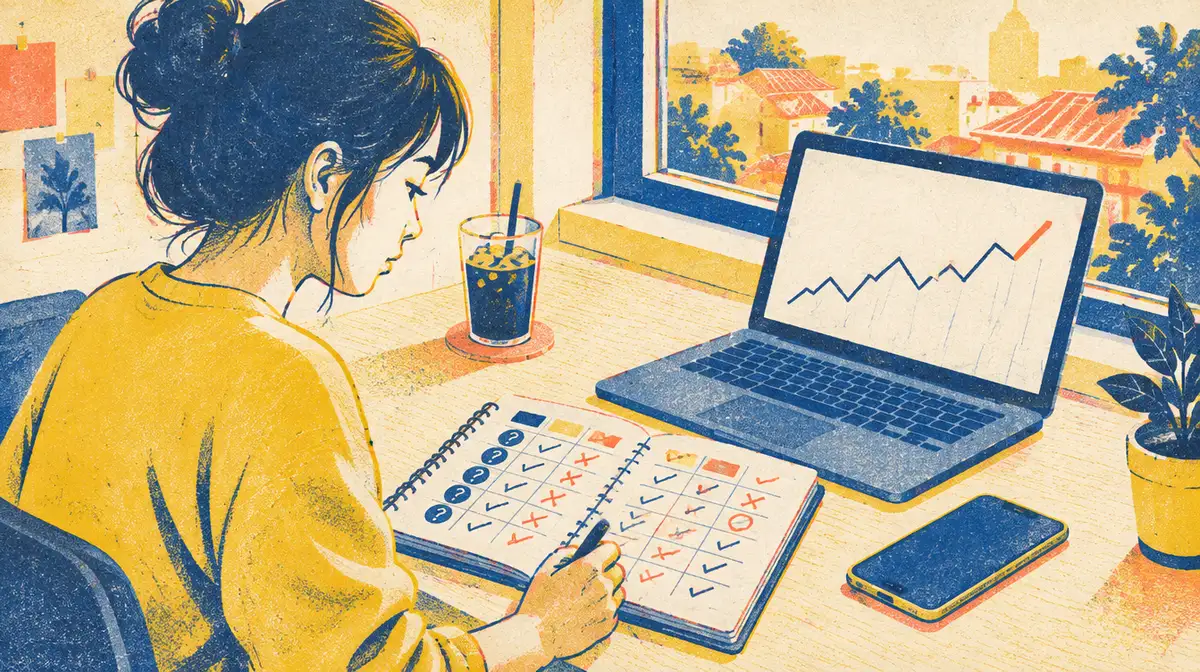 Tranh in risograph ba màu xanh đậm, vàng, đỏ san hô: cô nhân viên marketing áo vàng ngồi bên cửa sổ, ghi vào cuốn sổ kẻ lưới có cột dấu hỏi và các ô đánh dấu tích, dấu chéo, vòng tròn đỏ; bên cạnh là ly cà phê đá, điện thoại và máy tính xách tay hiện biểu đồ đường đi lên