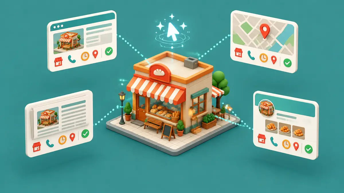 Minh hoạ isometric: một tiệm bánh mái hiên sọc cam trắng ở giữa nền xanh ngọc, bốn thẻ thông tin lơ lửng quanh tiệm gồm trang web, bản đồ có ghim đỏ, trang báo và trang mạng xã hội; thẻ nào cũng có cùng bộ biểu tượng cửa hàng, điện thoại, đồng hồ, ghim vị trí và dấu tích xanh; phía trên là con trỏ chuột phát sáng
