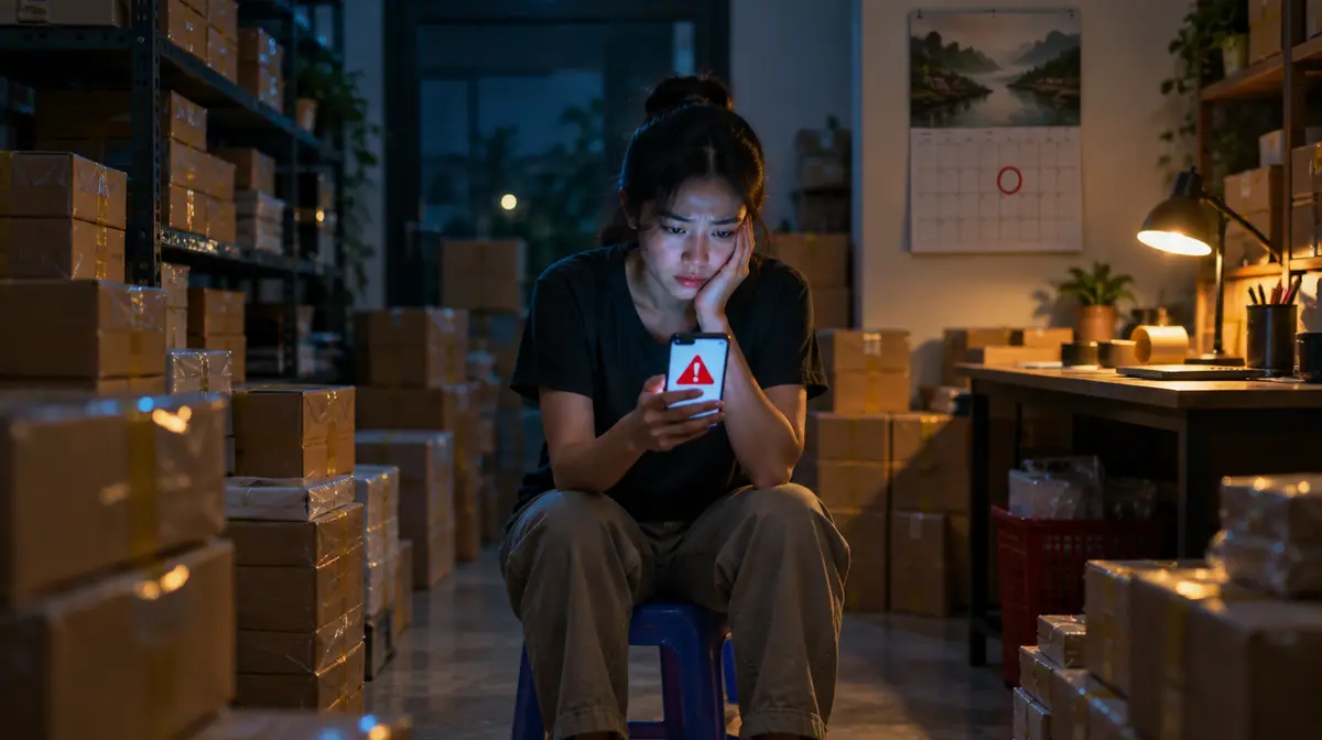 Ban đêm trong kho hàng nhỏ, một cô chủ shop người Việt ngồi trên ghế nhựa giữa các thùng hàng đã đóng gói, chống cằm nhìn điện thoại hiện biểu tượng cảnh báo tam giác đỏ; trên tường là tờ lịch có một ngày khoanh đỏ