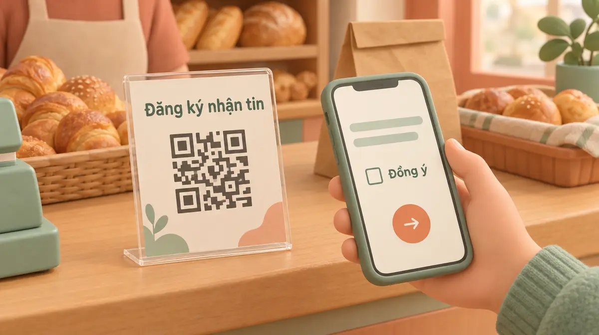 Minh hoạ 3D đất sét ở quầy tính tiền tiệm bánh: tấm biển mica có dòng chữ Đăng ký nhận tin và mã QR; bên cạnh, bàn tay khách cầm điện thoại hiện biểu mẫu với một ô vuông trống chưa đánh dấu cạnh chữ Đồng ý và nút mũi tên
