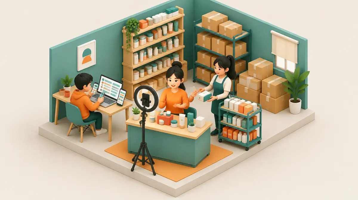 Minh hoạ isometric một phòng nhỏ tông xanh ngọc và cam: cô gái ngồi sau bàn nói trước điện thoại gắn đèn vòng, một cô gái mặc tạp dề đưa hộp sản phẩm từ xe đẩy sang, một chàng trai ngồi bàn bên cầm điện thoại cạnh máy tính xách tay; phía sau là kệ mỹ phẩm và thùng hàng