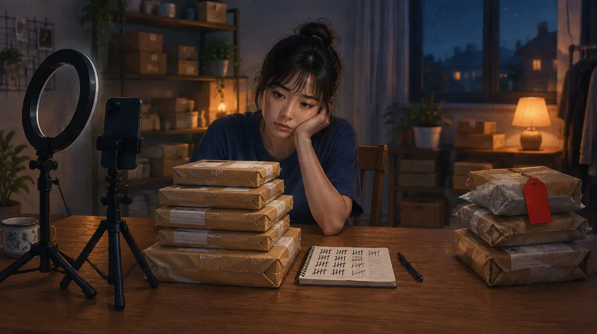 Buổi tối trong một phòng bán hàng nhỏ, người phụ nữ trẻ chống cằm nhìn chồng bưu kiện trên bàn gỗ; bên trái là đèn vòng và điện thoại trên chân máy đã tắt, bên phải là chồng bưu kiện riêng có gắn thẻ đỏ, giữa bàn là cuốn sổ đếm vạch